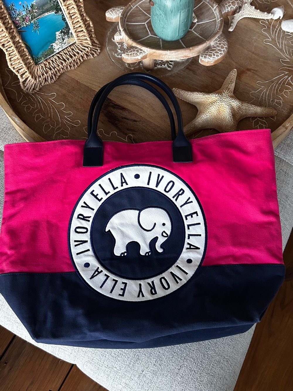 Ivory Ella Large Pink Navy Elephant Logo Tote Bag Beach Travel Shopper